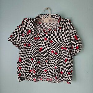 Passport - Psychedelic checkered, cherry print button-down cropped top - XS